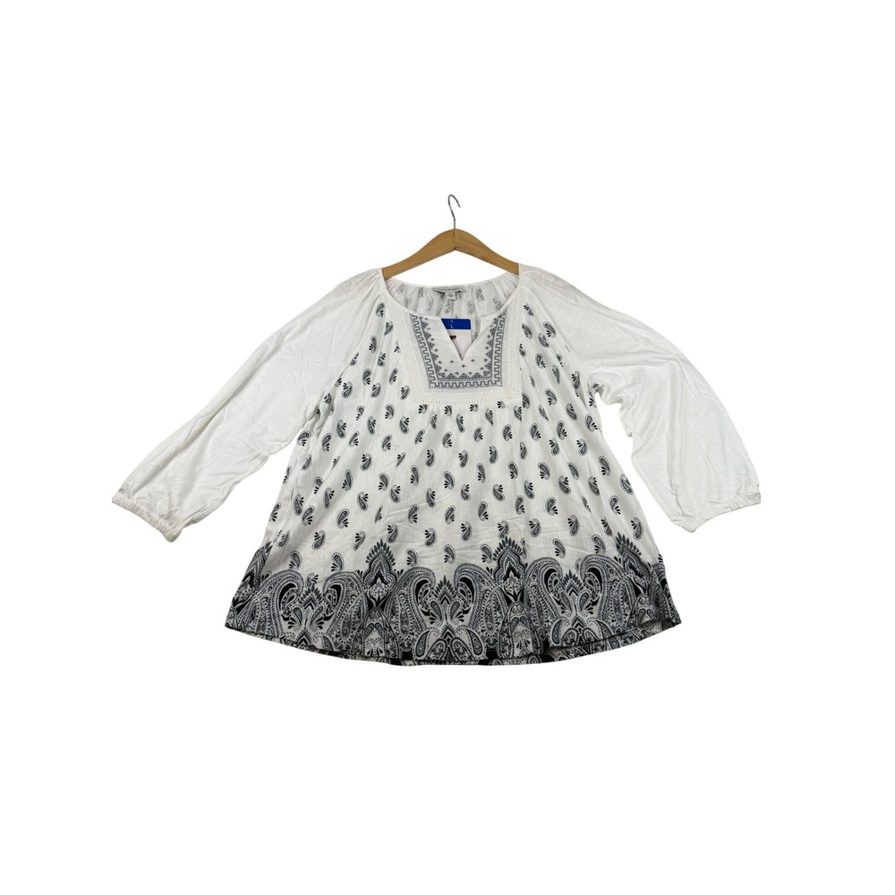 Vintage America Miller Womens White Navy Paisley Embroidered Peasant Blouse L